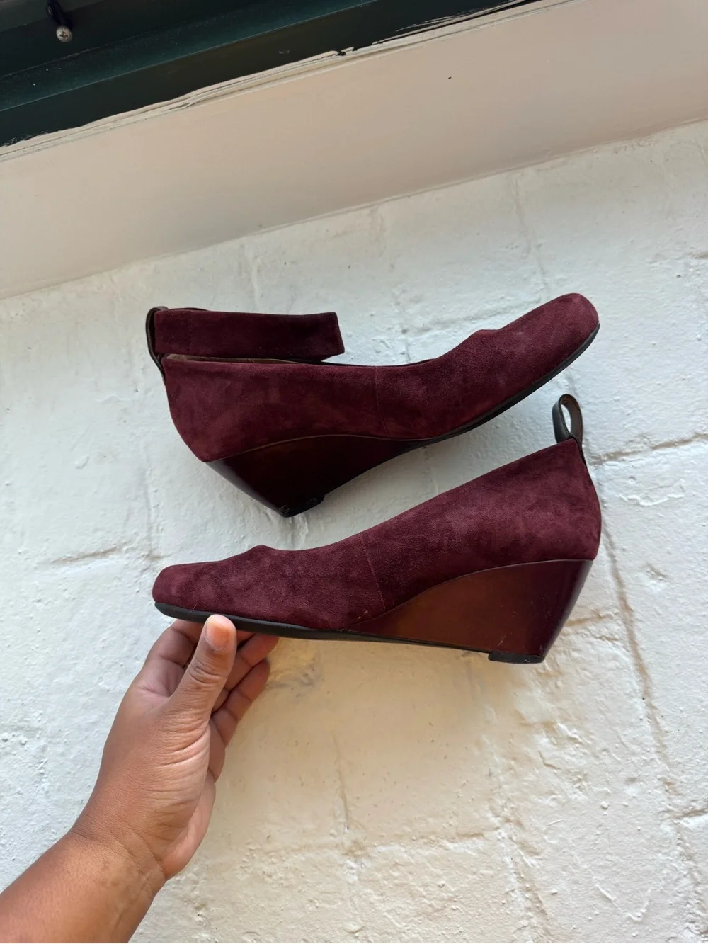 Clarks Burgundy Suede Ankle-Strap Wedges